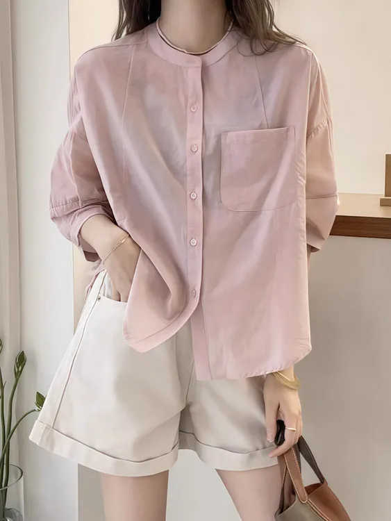 纯色短袖衬衫2025文艺简约韩系立领单排扣显瘦百搭宽松休闲上衣女
