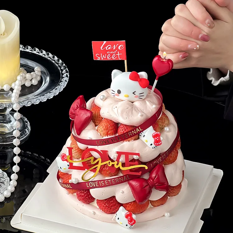 2.14情人节蛋糕装饰蝴蝶结KT猫摆件情侣告白许愿树爱心love插件