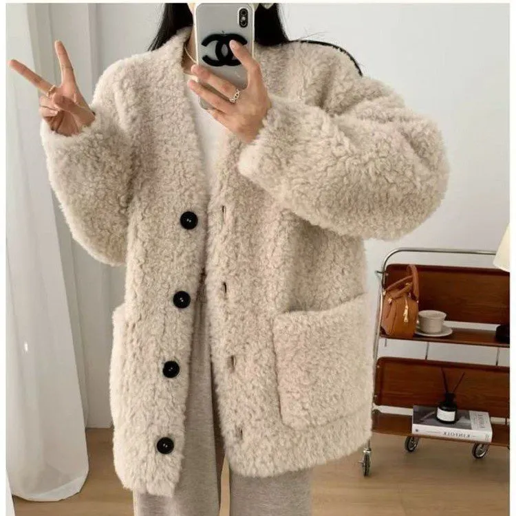 慵懒雪松廓形环保羊羔毛女秋冬加厚中长款毛毛外套