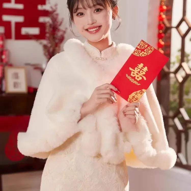 加厚斗篷披肩配旗袍婚纱秋冬民国风大气保暖婚纱披肩敬酒服披肩冬