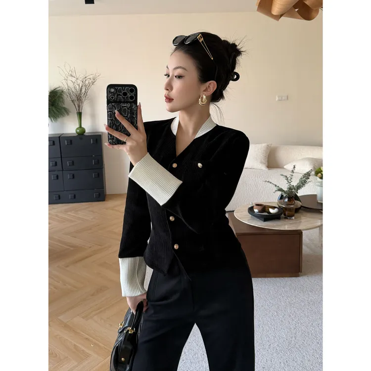 JIJINQI气质厚款拼色长袖气质复古秋冬小香风打底上衣JD11SZQM473