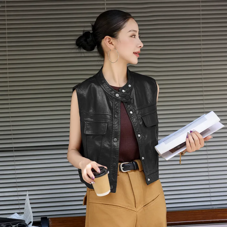 时髦百搭短款立领皮衣马甲外套女2025秋季新款洋气无袖坎肩皮背心