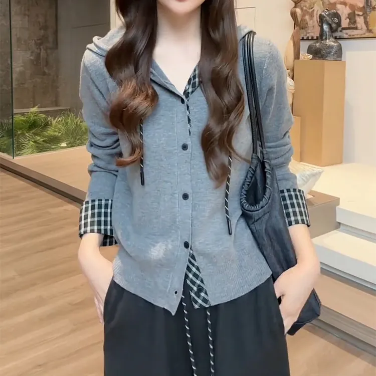 大码假两件针织开衫女秋季新款微胖妹妹宽松显瘦百搭减龄上衣外套