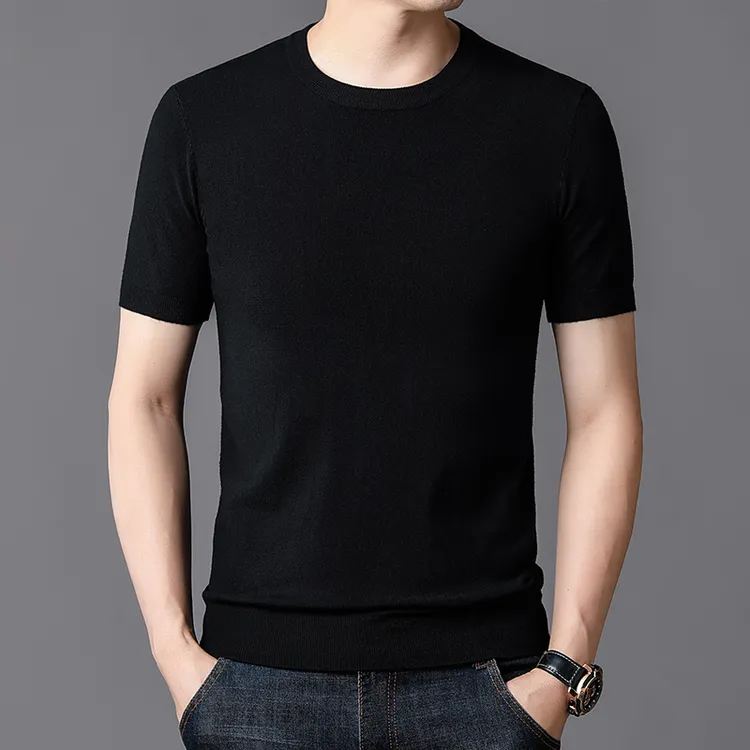 春秋男士丝光羊毛针织衫薄款纯色圆领修身夏季百搭休闲半袖潮流