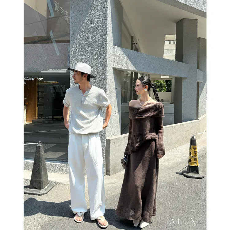 阿琳ALIN【星芒】羊毛一字肩镂空上衣半身裙气质针织套装女AL5GZZ19
