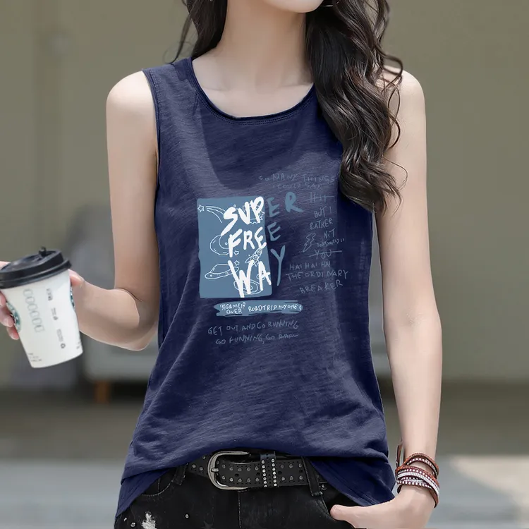 宽松竹节棉卷边圆领无袖t恤女士纯棉夏季印花韩版时尚洋气背心女