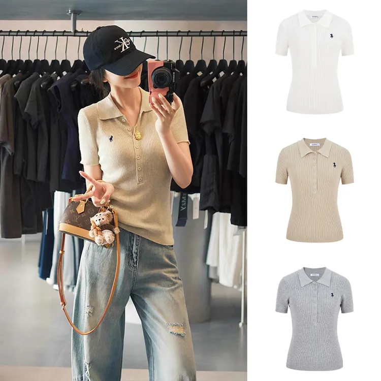 Moses Queen/魔西女王新款刺绣Polo领短袖T恤女简约修身显瘦上衣