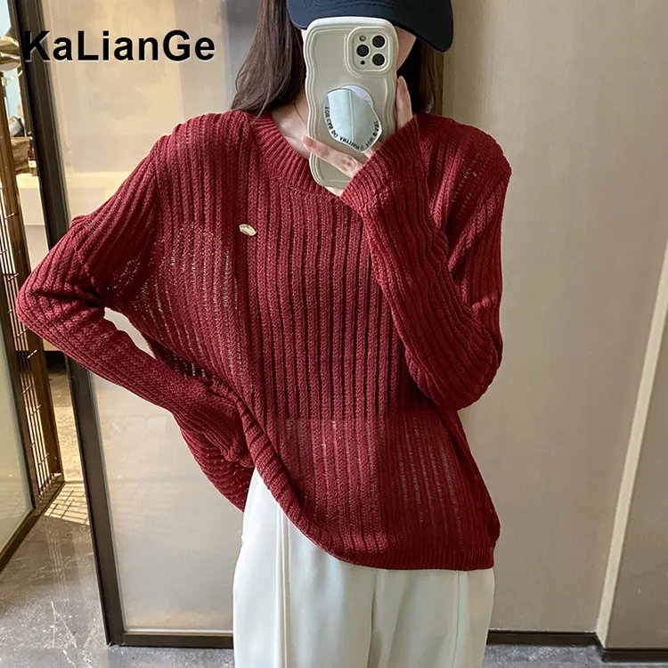 卡莲格/慵懒风镂空长袖针织衫上衣女秋季薄款胖mm显瘦内搭打底衫