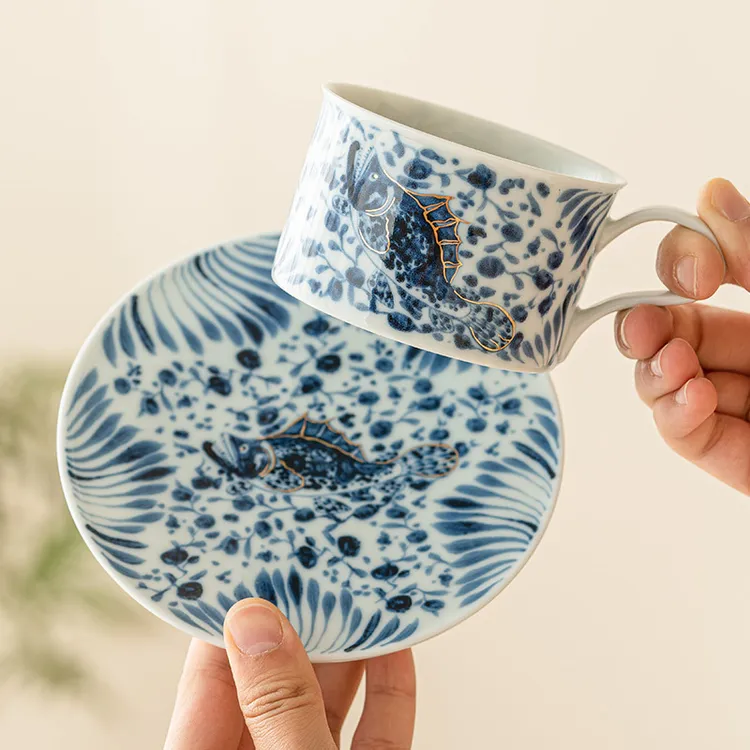 路亚鳜鱼鱼藻纹咖啡杯精致马克杯喝茶杯子高颜值拉花拿铁杯碟套装