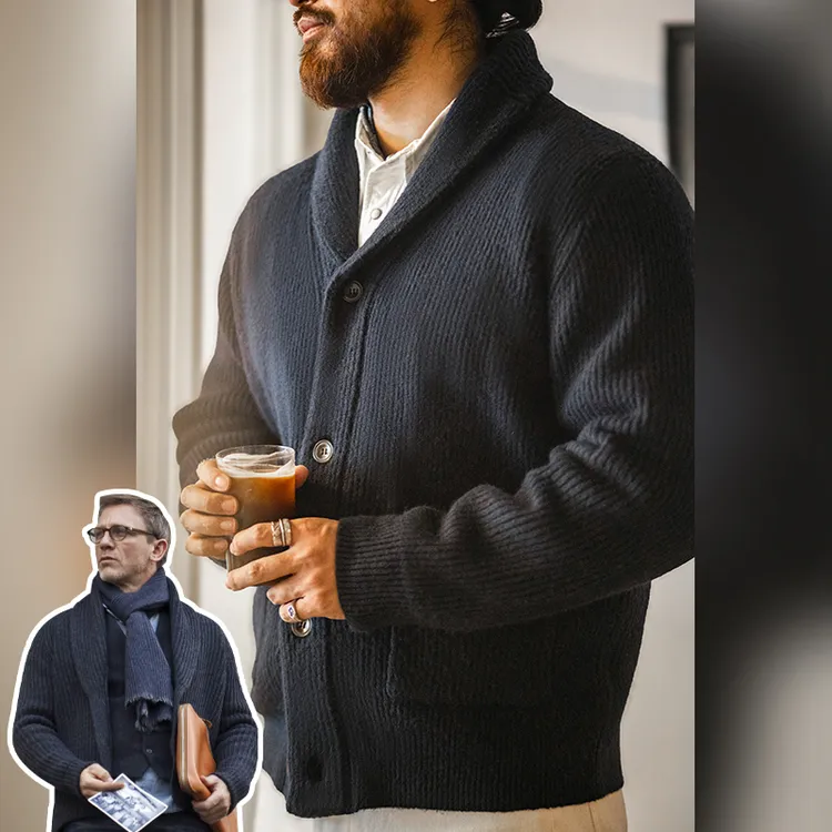 古叔的着粗犷绅士青果领针织开衫男士翻领纯色毛衣外套男冬季加厚