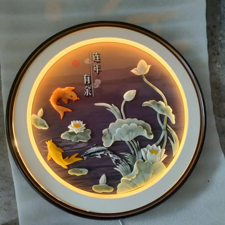 圆形玉雕画带玻璃适合客厅走廊过道等装饰的新中式壁画