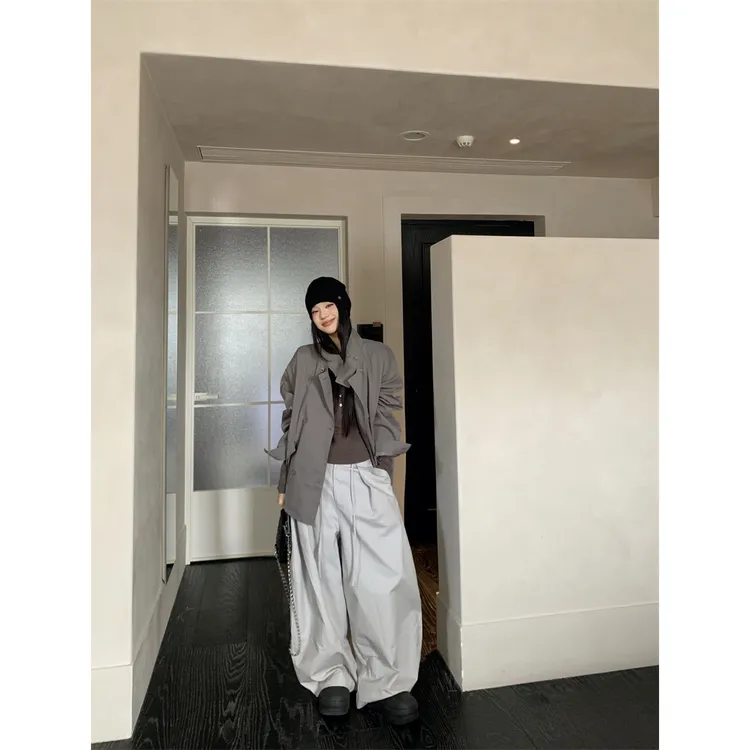 秋装新款宽松慵懒风极简立领风衣外套+排扣打底T恤+休闲裤套装秋