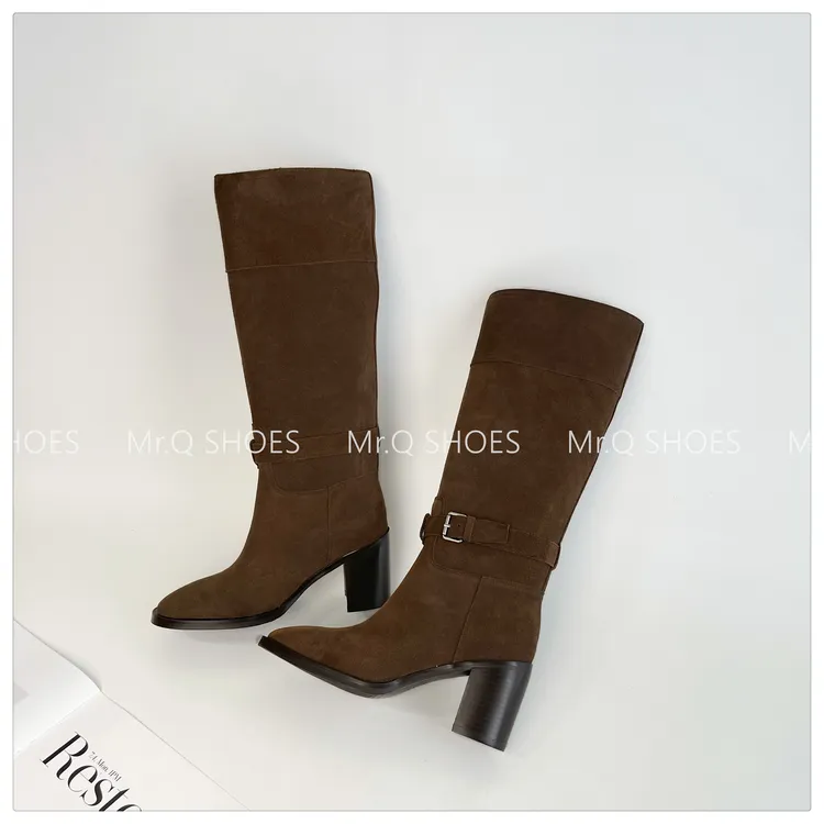 34-40码/跟高7cm/黑棕驼/秋冬翻皮圆头粗跟皮带扣复古长筒时装靴