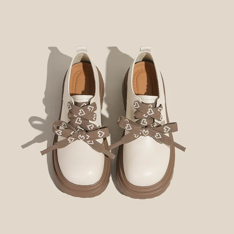 新款增高厚底乐福鞋女春秋韩版系带小皮鞋配裙子黑色杏色3440码橡