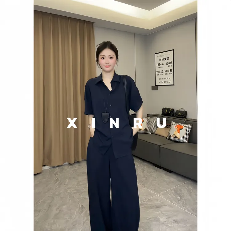 老钱风套装女高级感藏蓝色宽松显瘦短袖衬衫休闲阔腿裤两件套