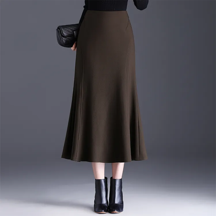 厚西装鱼尾裙半身裙女秋冬新款气质百搭毛呢包臀裙长裙荷叶边裙子
