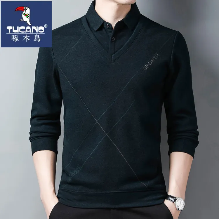 啄木鸟男士衬衫假两件毛衣男装冬季加绒加厚保暖打底衫翻领上衣服