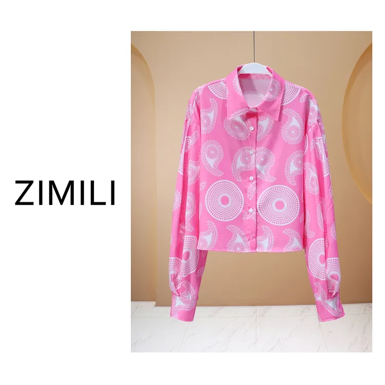 【LIANG哥女装】2025欧版轻薄透气亲肤霞光红时尚印花休闲衬衫7125