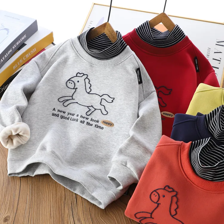 男童半高领考拉绒卫衣2025冬季儿童假两件宽松上衣中大童洋气绒衫