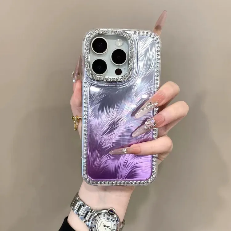 高颜值镶钻羽纱纹适用iPhone16pro手机壳15promax个性14网红13女