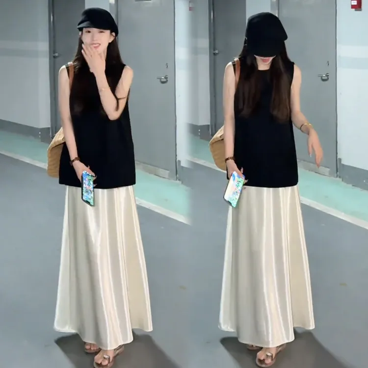 拉夏贝尔时尚套装裙女2025夏季新款显瘦百搭无袖上衣半身裙两件套