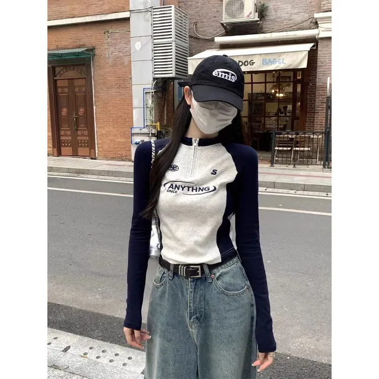 拉链长袖t恤女短款拼接外穿紧身体恤修身早夏chic内搭打底衫上衣