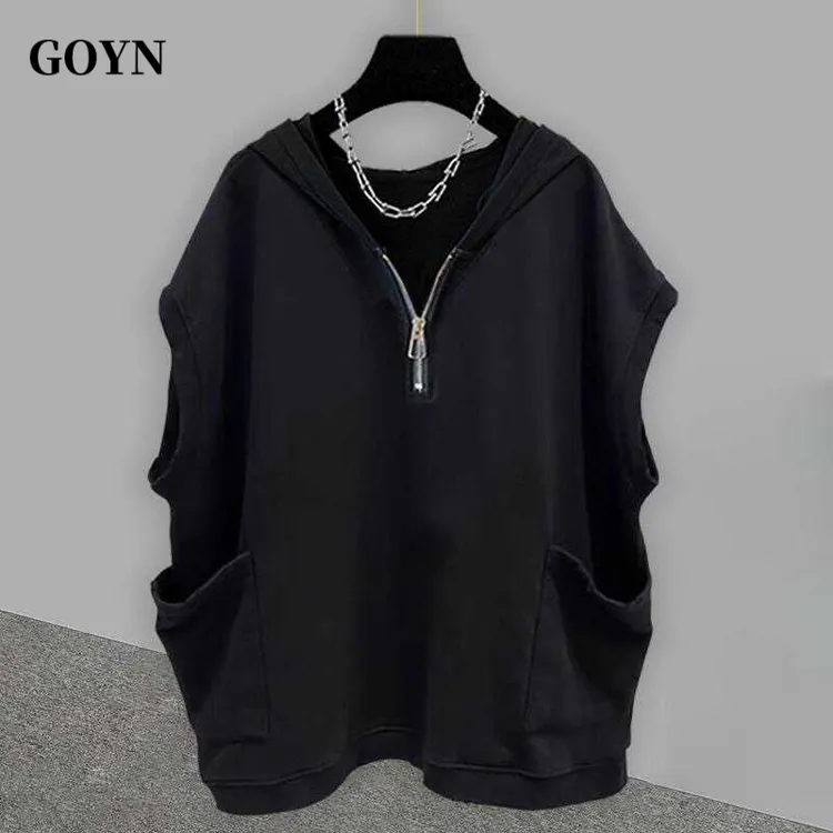 GOYN夏男士纯色连帽无袖T恤韩版拉链大口袋休闲宽松坎肩背心马甲
