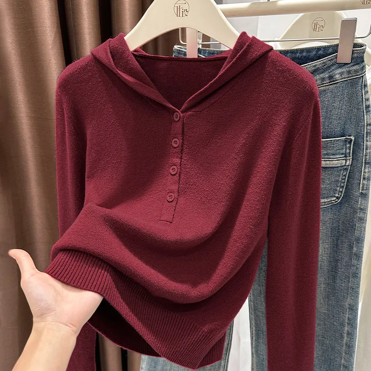 韩系穿搭V领开襟红色长袖针织衫女早秋新款软糯修身显瘦气质上衣