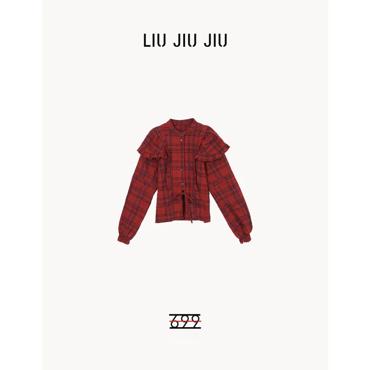 LIUJIUJIU 法式小众独特抽绳格纹拼接设计感时尚新年衬衫SY3168L