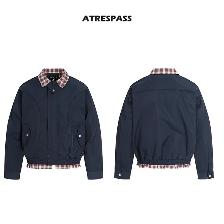 ATRESPASS 设计感格子拼接短款夹克男女美式复古秋季宽松休闲外套