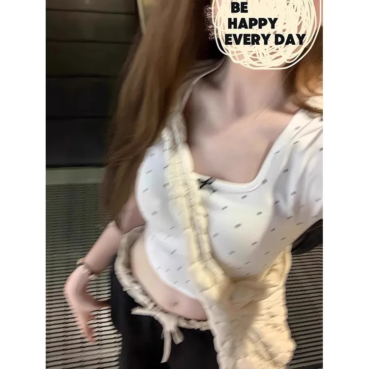 美式辣妹复古波点方领短款短袖t恤女夏季修身显瘦小个子短款上衣