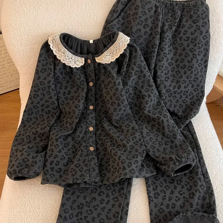 德绒保暖豹纹秋冬天睡衣女加绒韩版花边圆领长袖可外穿家居服套装