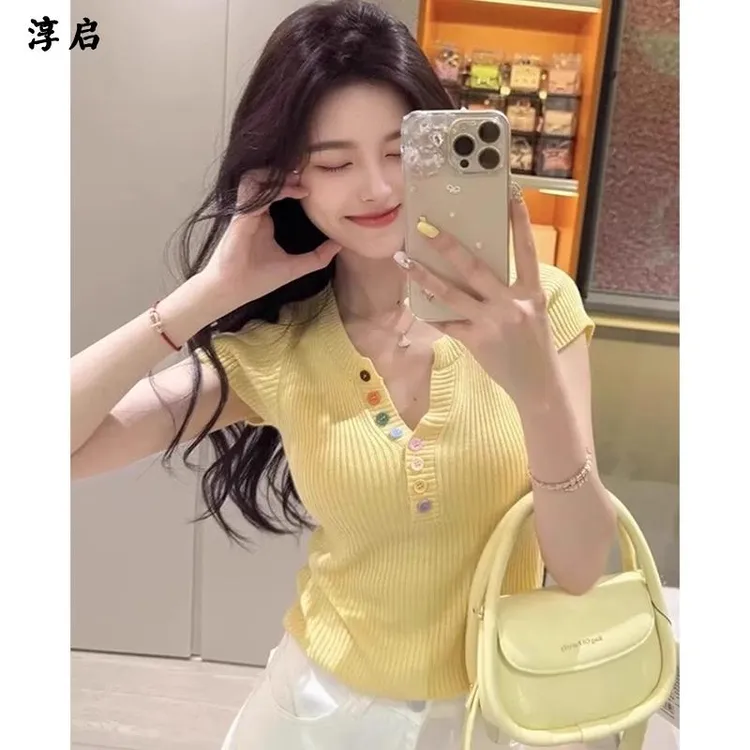 淳启时尚休闲小众百搭针织短袖恤女夏季薄款修身显瘦正肩短款上衣