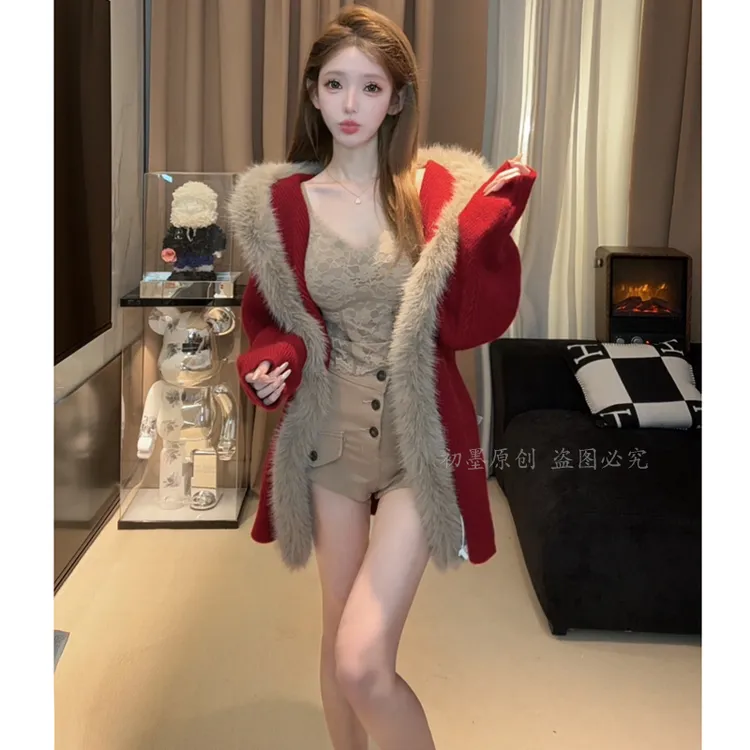 韩系设计感大毛领连帽毛衣外套女装秋冬季慵懒风保暖针织开衫上衣