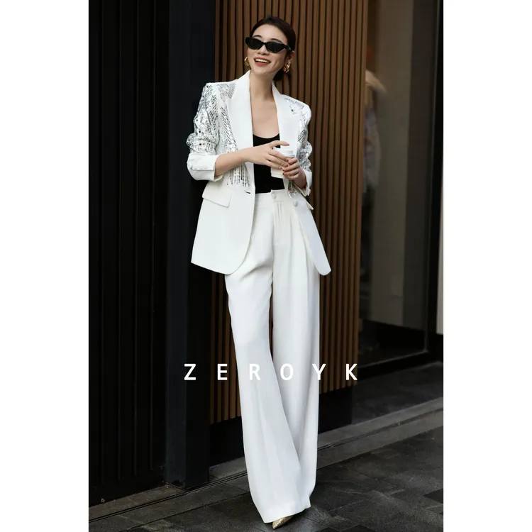 ZEROYK翎蔻 高端女装2026早春新款商务通勤重工亮片西服长裤套装