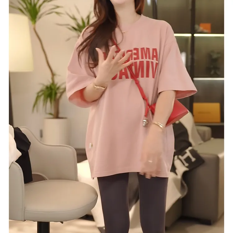 粉色圆领短袖中长款字母印花T恤女2025夏新款韩版宽松慵懒风上衣