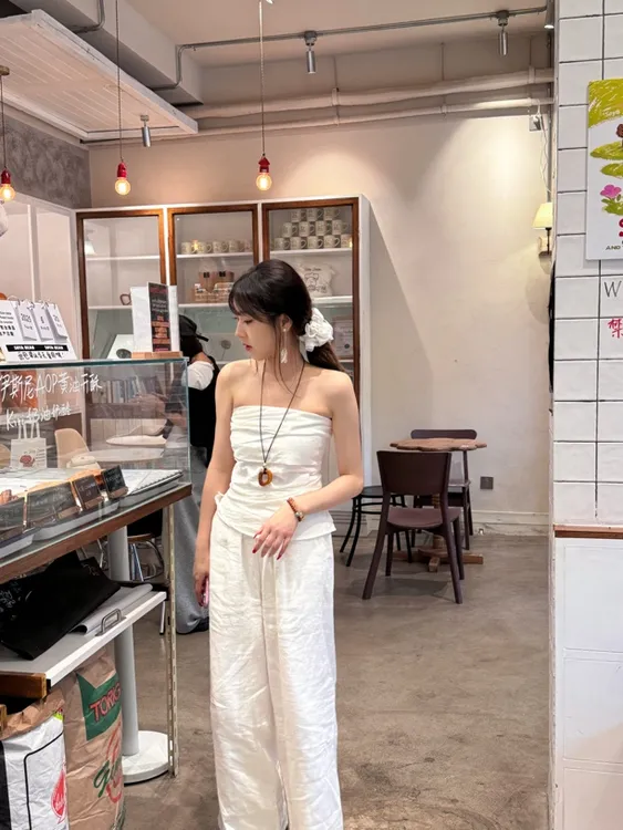 天然亚麻褶皱抹胸阔腿裤套装女夏季富家千金气质慵懒风