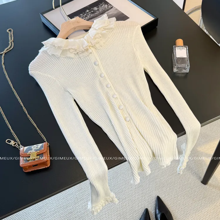 法式蕾丝荷叶边针织开衫女2025新款冬季内搭甜美气质显瘦打底毛衣