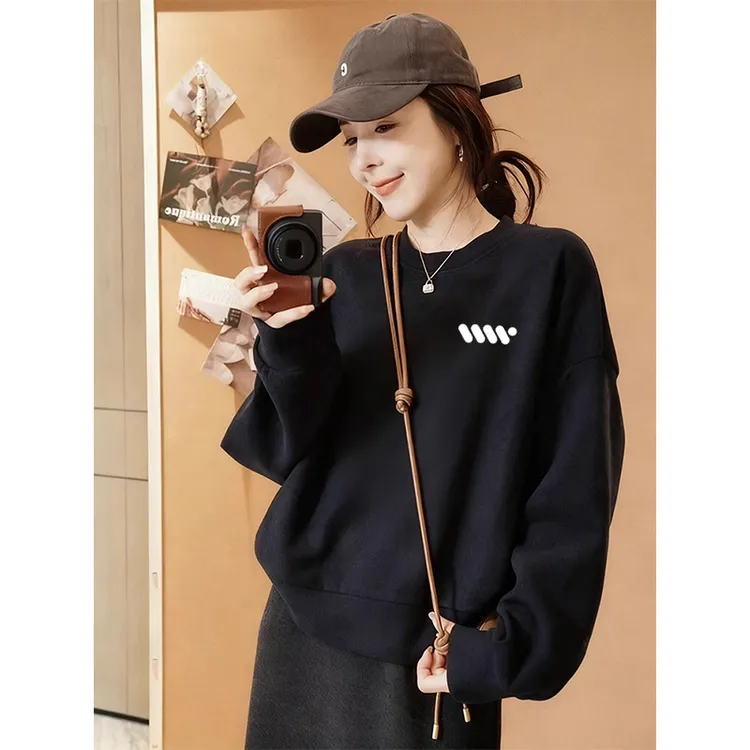 2025冬季新款加绒女款卫衣美式圆领套头宽松休闲时尚显瘦长袖上衣