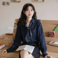 慕兔复古配丝巾牛仔衬衫女2025秋季新款小个子设计感小众宽松上衣