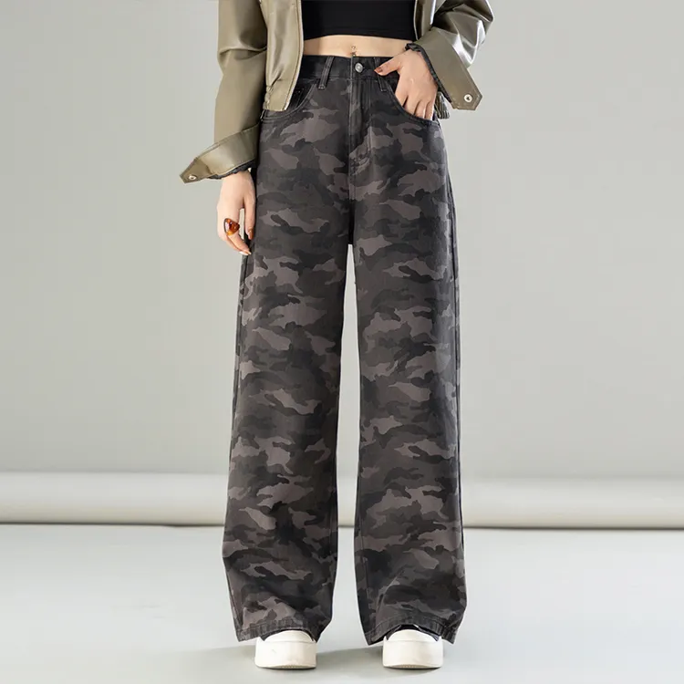 哥弟阿玛施正品2025新款秋季时尚阔腿迷彩牛仔裤女高腰宽松直筒裤