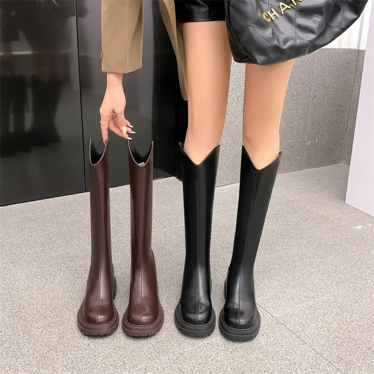 长筒靴女瘦瘦靴V口厚底内增高秋冬新款女士高筒靴加绒过膝骑士靴