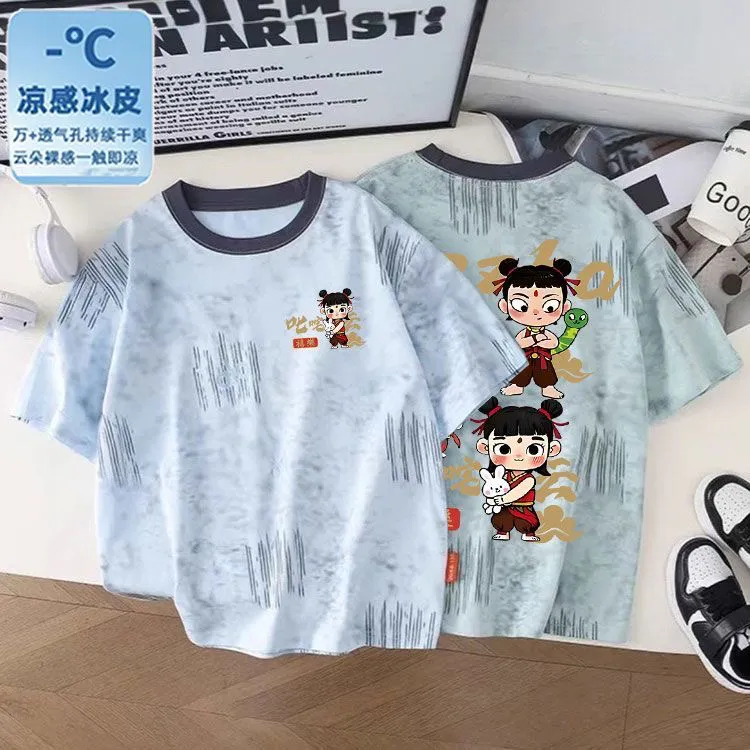国潮哪吒儿童速干冰丝男童短袖T恤夏季宝宝半袖中大童装网眼透气