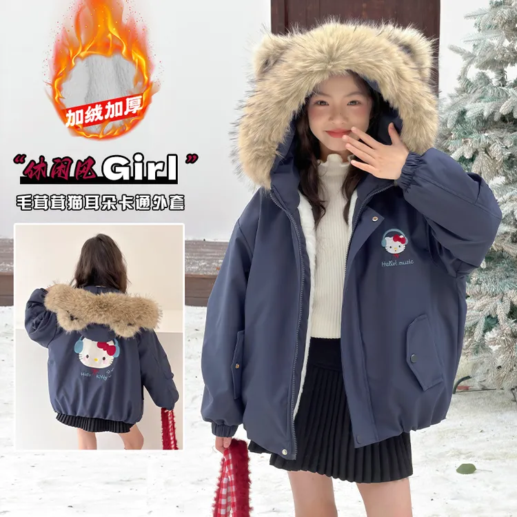 女童秋冬新款甜美kt猫加绒外套中大童女孩可爱猫耳朵派克服9-15岁