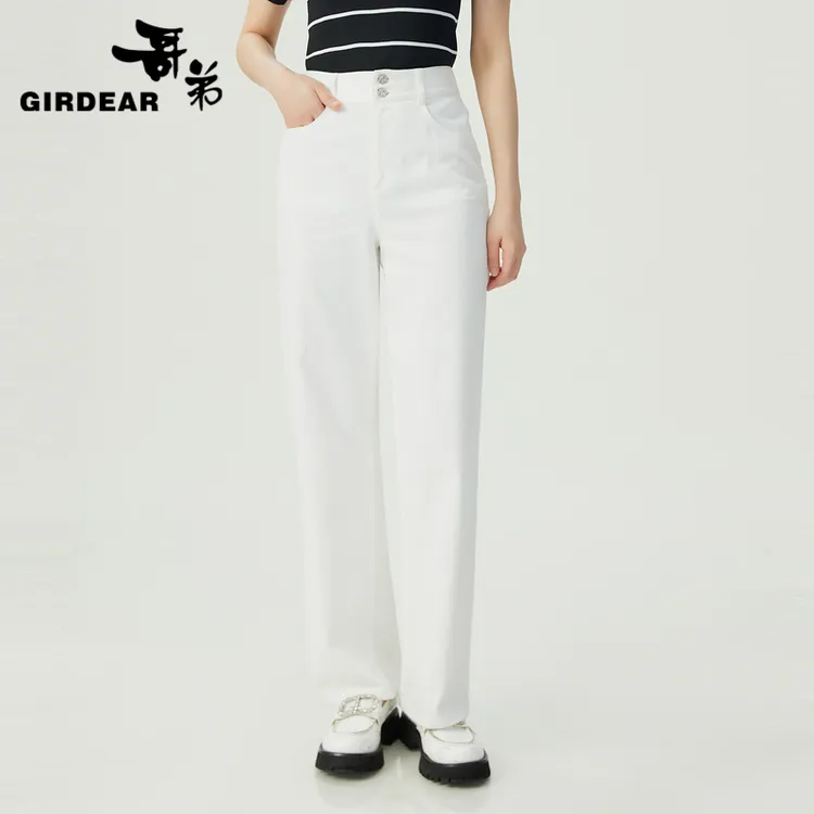 高腰两粒扣C位牛仔流量裤简约百搭直筒裤蓝色短款夏季复古1100457