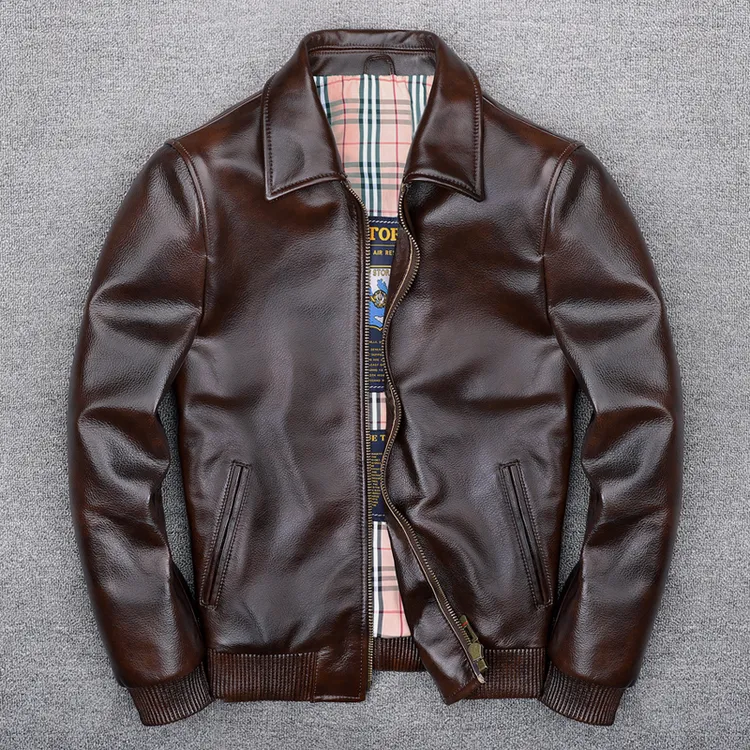 头层牛皮飞行员真皮皮衣男士翻领短款商务休闲时尚潮流羊皮皮夹克