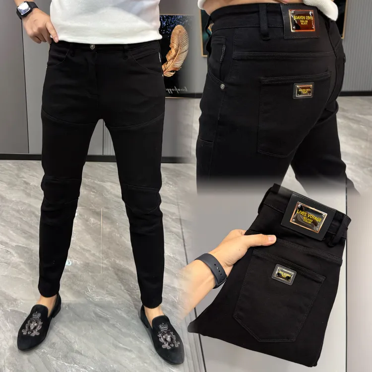 男士牛仔裤潮流百搭牛仔裤男高端拼接机车风修身小脚裤牛仔裤男款