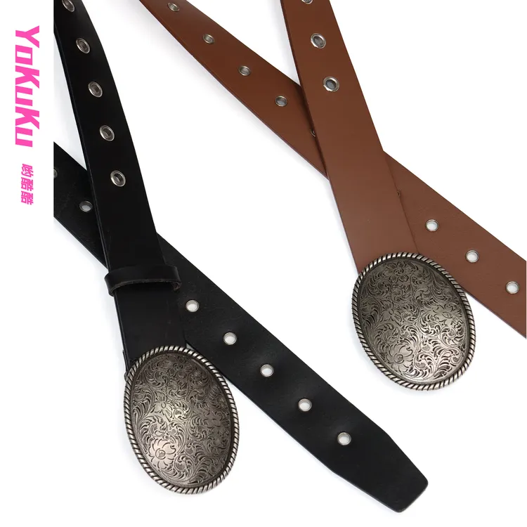 哟酷酷小众简约个性复古时尚百搭复古雕花气眼独立设计金属牌腰带