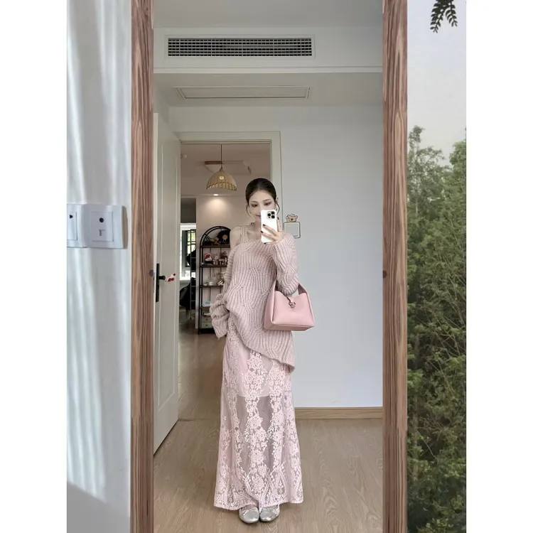 粉色慵懒软糯麻花露肩毛衣蕾丝半身裙设计感显瘦纱裙D806