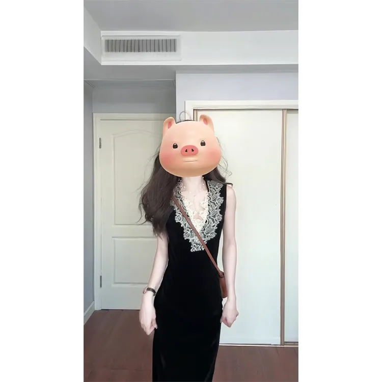 法式无袖黑色背心连衣裙女夏2025新款钉珠蕾丝直筒裙名媛气质长裙